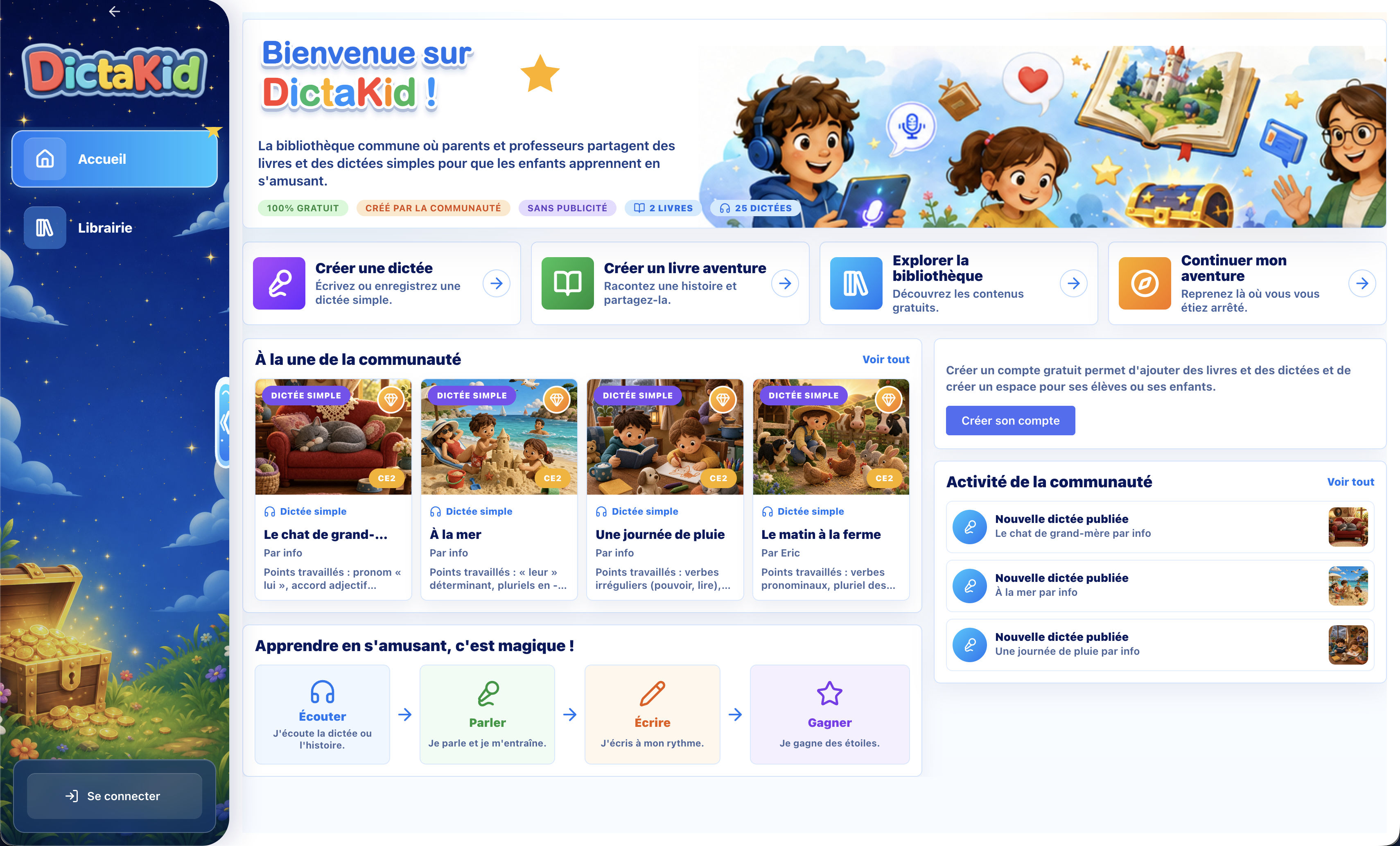 Accueil DictaKid avec contenus à la une de la communauté