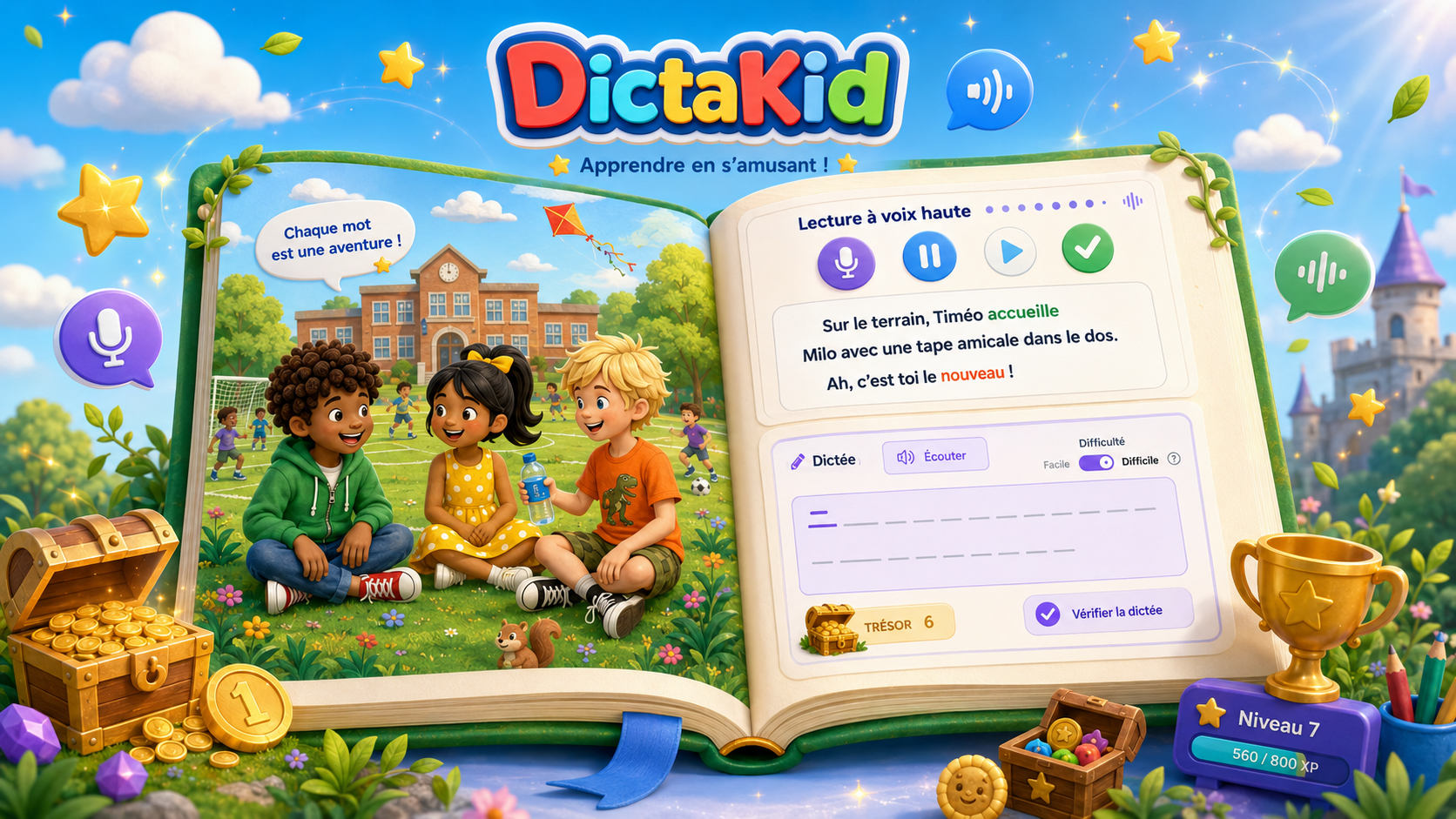 Livre DictaKid ouvert avec des enfants qui jouent et une interface de lecture à voix haute