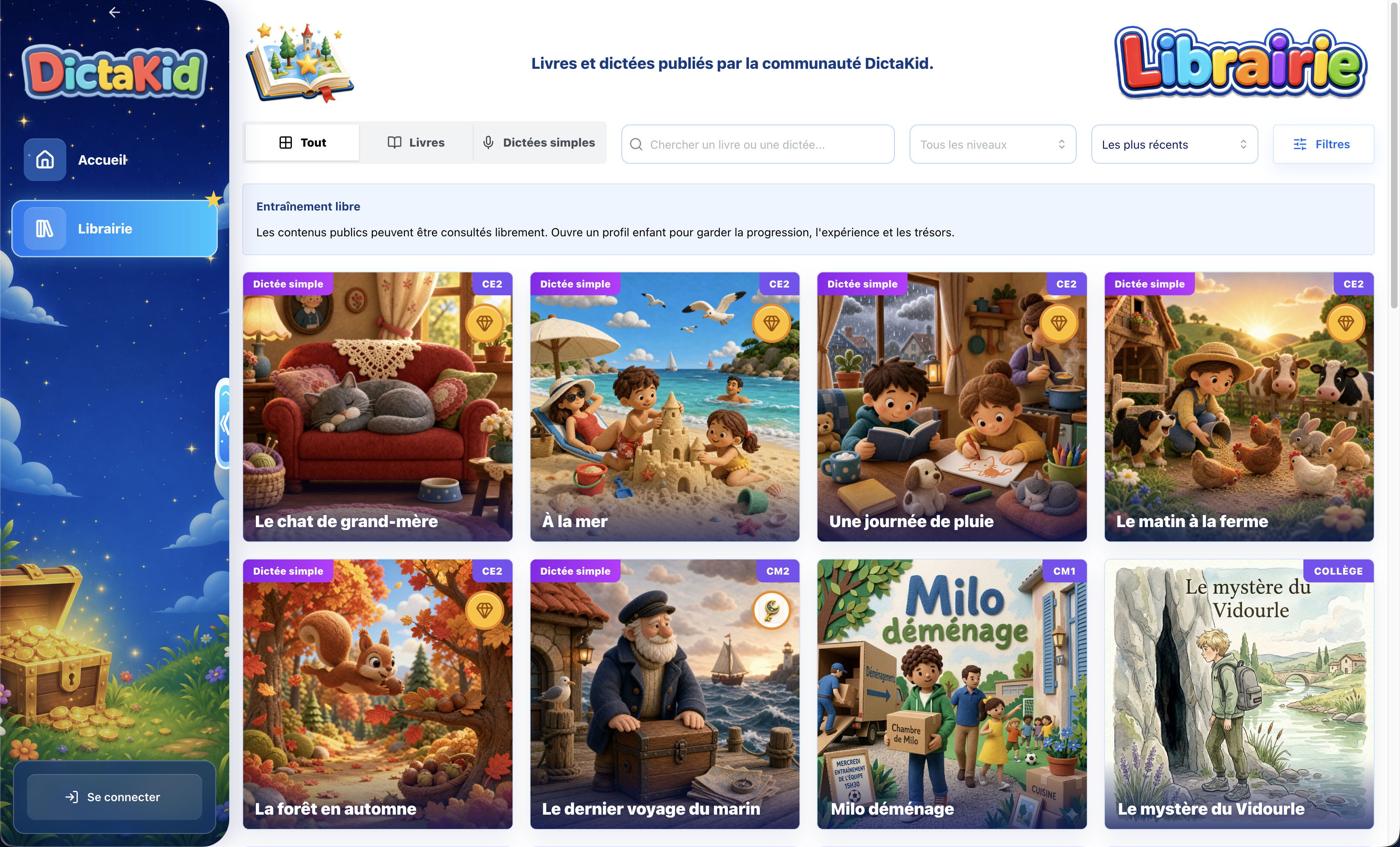 Librairie DictaKid avec livres et dictées publiés par la communauté
