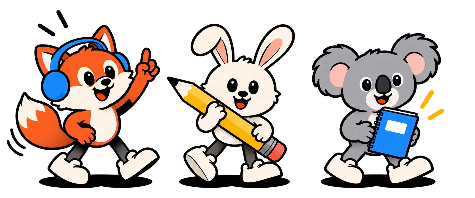 Un renard au casque, le lapin DictaKid et son crayon, et un koala au carnet.